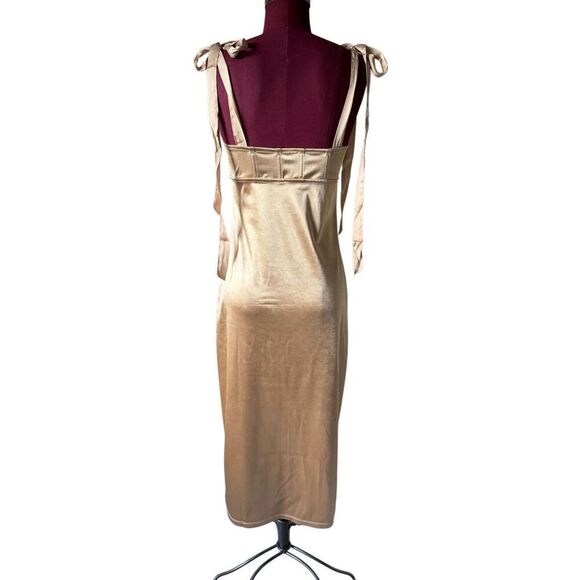 NEW Free People Casino Got Glam Tie Strap Satin Midi Latte Gold Sleeveless Dress - Picture 6 of 12
